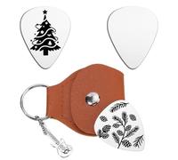 UNICRAFTALE 2Pcs 2 Styles Merry Christmas Tree Guitar Picks Stainless Steel Guitar Pick Keychain with Brown PU Leather Case Inspirational Plectrum Guitars Christmas for Musician Lover Gifts