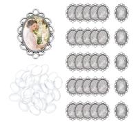 UNICRAFTALE 30 Sets Oval Blank Bezel Pendant Trays Base Antique Sliver Cabochon Setting Trays Pendant Bridal Wedding Bouquet Graduation Photo Charm with Glass Cabochons for Crafts Jewelry Making