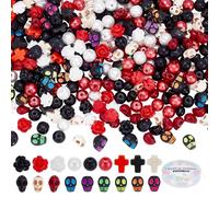 UNICRAFTALE 360Pcs 13 Styles Halloween Bead Synthetic Turquoise Skull Beads Rose Flower Beads Red Black White Cross Spacer Bead with 10M String for DIY Jewelry Making Kits Halloween Decoration