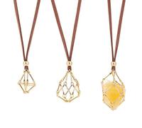 UNICRAFTALE 3Pcs 3 Sizes Adjustable Crystal Necklace Holder Empty Stone Holder Faux Cord Necklace with Golden Empty Crystal Cage Brass Macrame Pouch for Pendant Necklaces Making