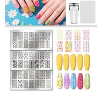 UNICRAFTALE 3Pcs Flowers Nail Plates Stamping Set Spring Bows Plants Stamp Nails Templates Reusable Stencils Stainless Steel DIY Nails Art Plates with Stamp and Spacer Templates Kit Printing Tools