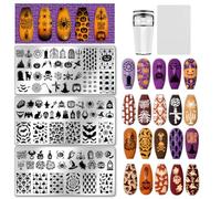 UNICRAFTALE 3Pcs Halloween Nail Stamp Plates Set Thrill Pattern Bat Spider Skeleton Ghost Nail Stamping Plate Pumpkin Witch Nails Art Stamping Template for DIY Manicure Salon Nails Design