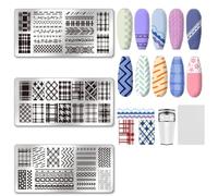 UNICRAFTALE 3Pcs Nail Stamp Plates Set Lattice Texture Nail Stamping Plate Texture Image Nail Stencils Plaid Argyle Pattern Nail Art Stamping Template with Nail Scraper for Women Nail Design Tools