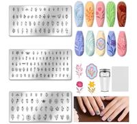 UNICRAFTALE 3Pcs Nail Stamp Plates Set Stencils Stainless Flower Leaves Stamping Plate Templates Image Nail Stencils Nails Art Plates with Stamp and Spacer for DIY Women Nailing Design Tools