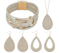 UNICRAFTALE 4 Pieces Women's Glitter Jewelry Set Multi-Layer Bracelets Faux Leather Drop Dangle Earrings Pendant Necklaces Golden Jewellery for Bridal Wedding Party Costume Accessories