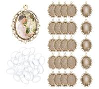 UNICRAFTALE 40 Sets Oval Blank Bezel Pendant Trays Base Antique Golden Cabochon Setting Trays Pendant Bridal Wedding Bouquet Graduation Photo Charm with Glass Cabochons for DIY Crafts Jewelry Making