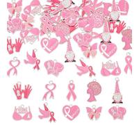 UNICRAFTALE 40Pcs 10 Styles Breast Cancer Charms Enamel Pink Ribbon Heart Pendants Breast Cancer Hope Awareness Charms for Necklace Bracelet Making Crafts Hole 1.8-2mm