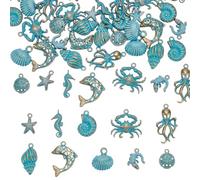 UNICRAFTALE 40Pcs 10 Styles Ocean Theme Charms Sea Life Charms Antique Bronze Blue Sea Animal Pendants Starfish Shell Conch Dangles Pendants Vintage Summer Charm for Jewelry Making Earring