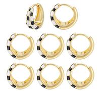 UNICRAFTALE 4Pairs 18K Gold Filled Checkered Huggie Hoop Earrings | 13mm,Dainty Checked Pattern,White Black Enamel,Cartilage Wear,Ideal Jewelry Gift for Women