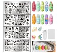 UNICRAFTALE 4Pcs Nails Stamping Plates Set Summer Beach Hawaii Nail Art Stamper Templates Stainless Steel Nail Stencil Kit with Stamp and Spacer for DIY Home Salon Manicure Design Supplies Tools