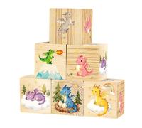 UNICRAFTALE 6Pcs Dinosaur Theme Wood Display Building Block Decorations Fire Pterosaurs Flying Dragons Cube Decorations Nursery Watercolor Shelf Decor for Home Office Desk Decoration 40x40x40mm