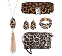 UNICRAFTALE 6Pcs Leopard Print Jewelry Set Boho Leopard Bracelet Necklace Winter Teardrop Earrings Multi Layered Bracelets Clutch Purse Belt Stylish Jewelry Set Christmas Day Jewelry for Women