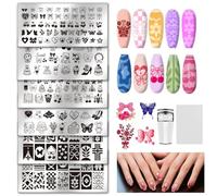 UNICRAFTALE 6Pcs Nail Stamping Plates Set Butterfly Flower Tiny Bear Design Nail Art Stamper Templates Stainless Steel Nails Stencil Kit with Stamp and Spacer for Home Salon Manicure Design Supplies