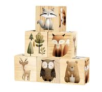 UNICRAFTALE 6Pcs Owl Deer Care Bear Nursery Decor Blocks Watercolor Wooden Shelf Decor Arboreal Animal Theme Display Building Block Decorations Cube Decorations for Home Office Desk 1.57"x1.57"