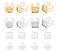 UNICRAFTALE 8 Sets 2 Colors Square Round Open Cuff Ring Bezel Tray 12mm US Size 7~8 201 Stainless Steel Blank Cabochon Ring Bases with Glass Cabochons Domes Set for Ring Making