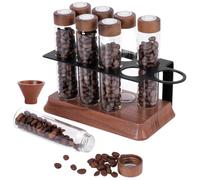UNICRAFTALE 8Pcs 2oz Coffee Bean Tubes Single-Dose Coffee Cellar Dosing Jars with One-Way Valve Iron Rack Wood Stand Funnel Sienna Countertop Organizer for Cafe Lover 17.6x8.8x14.5cm
