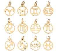 UNICRAFTALE about 12Pcs Real 18K Gold Plated 12 Constellations Charm 304 Stainless Steel Zodiac Sign Pendants Charms Flat Round with Constellation Pendant for DIY Jewelry Craft Making