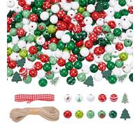 UNICRAFTALE About 280pcs 14 Styles Christmas Wooden Beads Red Green and White Craft Beads 16mm Colorful Polka Dot Bead with Gingham Ribbons and Jute Twine for DIY Xmas Tree Winter Party Decor