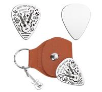 UNICRAFTALE Guitar Picks Music Word Stainless Steel Guitar Picks Keychain Holder with Brown PU Leather Case Plectrum Accessories for Players Gifts Musician Lover