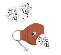 UNICRAFTALE Stainless Steel Guitar Pick Keychain GIft I Pick You Double Side Guitar Picks Plectrum Guitar Set with Heart 1PC Guitar Pick with Brown PU Leather Case Guitar Picks Jewelry Gifts