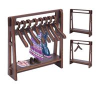 UNICRAFTALE Wood Clothe Rack Dolls Hanger with 10Pcs Clothes Hanger Small Dolls Clothes Racks Coconut Brown Mini Dress Up Storage Doll Garment Rack for Doll Accessories 7.48"x2.05"x8.27"