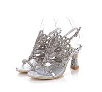 Unicrystal Women's Rhinestone Peacock Patterned Handmade Sandals with Chunky Heel, Silver, 5 UK