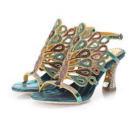 Unicrystal Women's Rhinestone Peacock Patterned Spool Heel Handmade Shoes Bridemaid Evening Prom Sandals Blue 5.5 UK