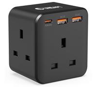 Unidapt 3 Way Plug Adaptor with 3 Fast Charge Ports, Multi Plug Extension with PD 20W USB-C (Black)