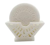 UniDeco Handcrafted Alabaster Sandstone Coaster Set - 6 Absorbent Stone Coasters with Holder | 4-Inch Round Drink Coasters | Handmade in India | Elegant Gift for Home, Office, Bar, or Host