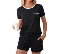 Uniexcosm short pyjamas for women summer women's pyjama sets cotton Pyjamas Short pjs Short Sleeve Crewneck Top And Shorts plaid printed Nightwear With Pockets Sleepwear,Z1-Black 2,S