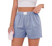 Uniexcosm Womens Boxer Shorts Summer Pyjama Bottoms High Waisted Striped Plaid Shorts Elastic Waisted Short with Pockets Loungewear Casual Sleep Lounge Pants Beach Bottoms,Dark Blue 1,XL