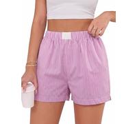Uniexcosm Womens Boxer Shorts Summer Pyjama Bottoms High Waisted Striped Plaid Shorts Elastic Waisted Short with Pockets Loungewear Casual Sleep Lounge Pants Beach Bottoms,Pinkish White,XL