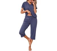 Uniexcosm Women's Pyjama Sets, Ladies Capri Pyjama Set Short Sleeve Top + Cropped Pants Comfy Pjs with Pockets Adjustable Drawstring Nightwear Sleepwear Loungewear for All Seasons Navy Blue