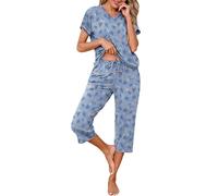 Uniexcosm Women's Pyjama Sets, Ladies Capri Pyjama Set Short Sleeve Top + Cropped Pants Comfy Pjs with Pockets Adjustable Drawstring Nightwear Sleepwear Loungewear for All Seasons