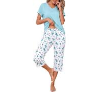 Uniexcosm Women's Pyjama Sets, Ladies Capri Pyjama Set Short Sleeve Top + Cropped Pants Comfy Pjs with Pockets Adjustable Drawstring Nightwear Sleepwear Loungewear for All Seasons