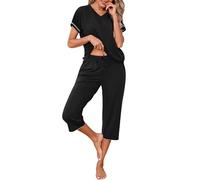 Uniexcosm Women's Pyjama Sets, Ladies Capri Pyjama Set Short Sleeve Top + Cropped Pants Comfy Pjs with Pockets Adjustable Drawstring Nightwear Sleepwear Loungewear for All Seasons Black