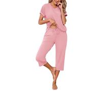 Uniexcosm Women's Pyjama Sets, Ladies Capri Pyjama Set Short Sleeve Top + Cropped Pants Comfy Pjs with Pockets Adjustable Drawstring Nightwear Sleepwear Loungewear for All Seasons Pink