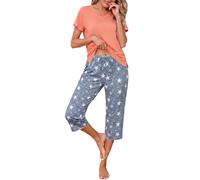 Uniexcosm Women's Pyjama Sets, Ladies Capri Pyjama Set Short Sleeve Top + Cropped Pants Comfy Pjs with Pockets Adjustable Drawstring Nightwear Sleepwear Loungewear for All Seasons