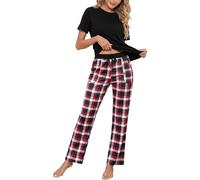 Uniexcosm Women's Pyjamas Set Short Sleeve Cotton Loungewear Soft Checked Ladies Pjs with Crew Neck Top and Loose fit Wide Leg Trousers with Pockets 2 Pieces Sleepwear,Black,M