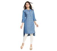 Unifiedclothes Kurti for Women: Premium Indian Kurtis Ethnic Tops - Stylish Tunics for Casual, Party and Festive Wear Blue Denim Ethnic Tunic DN2208 (UK 12|Bust 36"|40" Med)