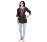 Unifiedclothes Kurtis for Women Thread Embroidery Viscose Blend Solid Tunic Round Neck Mini 3/4 Sleeve Dresses Kurti Kurta Casual Top Shirt
