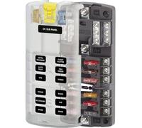 Unifizz 5032 ST Blade Fuse Block Dual 12 with Ground and Cover, 100A Total, 32V DC, Includes Circuit Labels and Push Button Latch