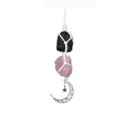 Unifizz Hanging Car Charm Black Tourmaline & Rose Quartz Dangling Moon Healing Crystal Accessories Rearview Mirror Decorations Energy Love