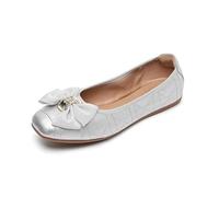 Unifizz Womens Ballet Flats Bling Rhinestone Square Toe Comfort Slip On Walk Work Loafers Bow Bridal Dress Shoes(Silver,7)