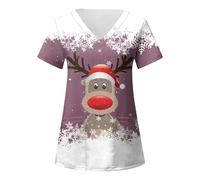 Uniforms Women UK V-Neck Short Sleeve Nursing Xmas Reindeer Beauty Salon Healthcare Tunic Uniform Christmas Scrub Tops V-Neck Mock Wrap Xmas Reindeer Work Tunics Classic Fit Spa Nail Salons