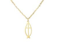 UNIFT Jesus Fish Cross Necklace for Women Men Stainless Steel Ichthus Christian Fish Symbol Cross Pendant Necklace Religious Jewelry (gold)