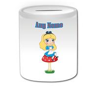 UNIGIFT Personalised Gift - Alice Sitting on Mushroom Money Box (Fairy Tale Design Theme, White) - Any Name/Message on Your Unique - Saving Piggy Bank - Wonderland