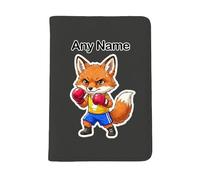 UNIGIFT Personalised Gift - Boxing Fox Black Passport Holder Cover (Sport Animal Design) Custom Name Message - Cute Kit Cub Tod Reynard Boxer Martial