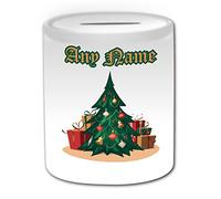 UNIGIFT Personalised Gift - Christmas Tree Money Box (Merry Xmas Design Theme, White) - Any Name/Message on Your Unique - Piggy Bank Saving Jar Pot