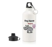 UNIGIFT Personalised Gift - Crazy Hippo Lady 400ml Water Bottle (Animal Slogan Design White) Any Name Message Unique Sport Drink School Lunch Bag Zoo Silly Cute Funny Novelty Wild Hippopotamus
